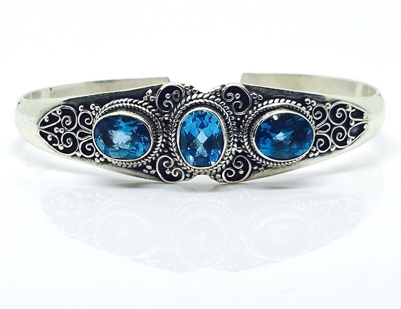 蓝托帕石925纯银古典异国风格手环手镯  - 手链/手环 - 宝石 蓝色