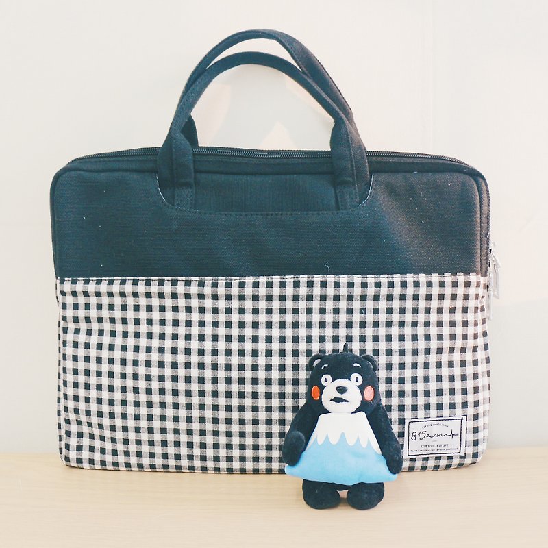 【开学季】黑色格子 - 拼色布料手提电脑袋 (13-14寸) / 815a.m - 电脑包 - 棉．麻 黑色