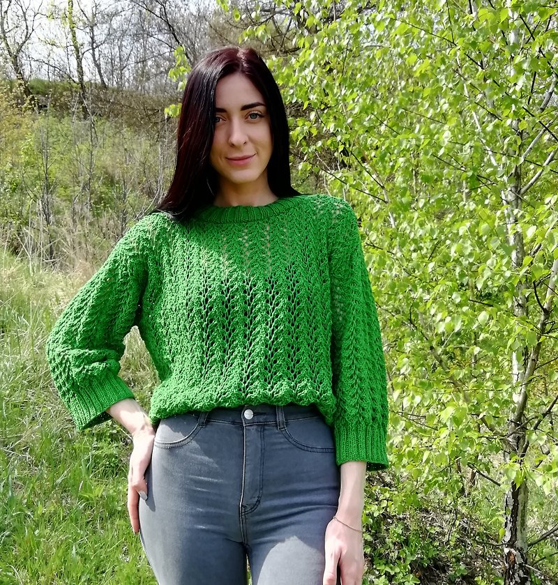 亮绿色镂空毛衣女式棉质夏季套头衫 Y2K 针织短款上衣 - 女装针织衫/毛衣 - 棉．麻 绿色