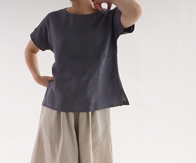 Linen drop shoulder T shirt / Sumida t001f-smi1 - 女装 T 恤 - 棉．麻 灰色