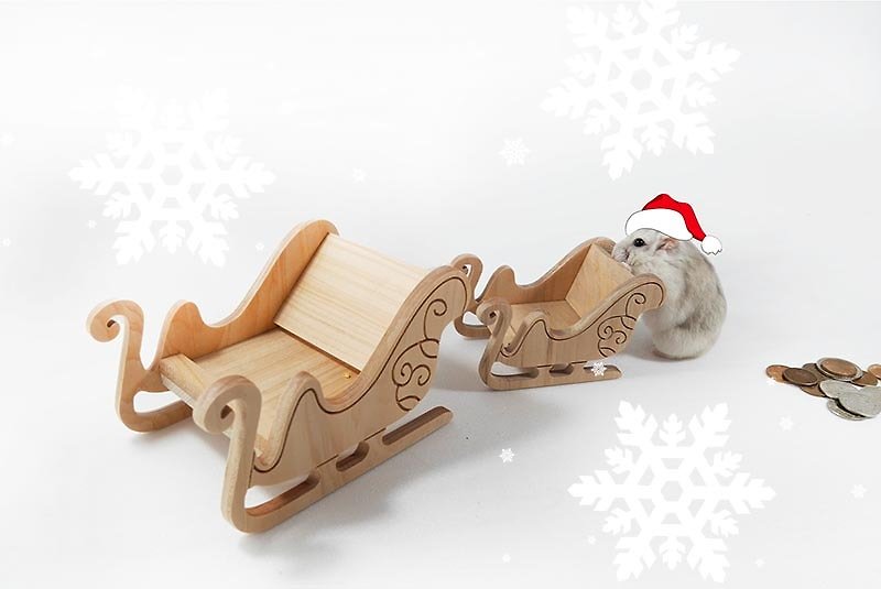 小目工坊 原木作 圣诞 限量 雪橇驾到 大型 仓鼠 宠物 雪橇 送礼 - 床垫/笼子 - 木头 咖啡色