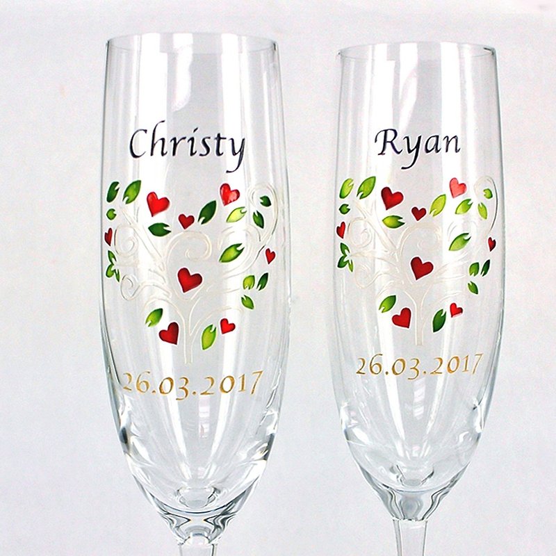 无铅水晶玻璃香槟杯刻字礼品组 | 结婚礼物,周年礼物 | 花形心 - 酒杯/酒器 - 玻璃 多色