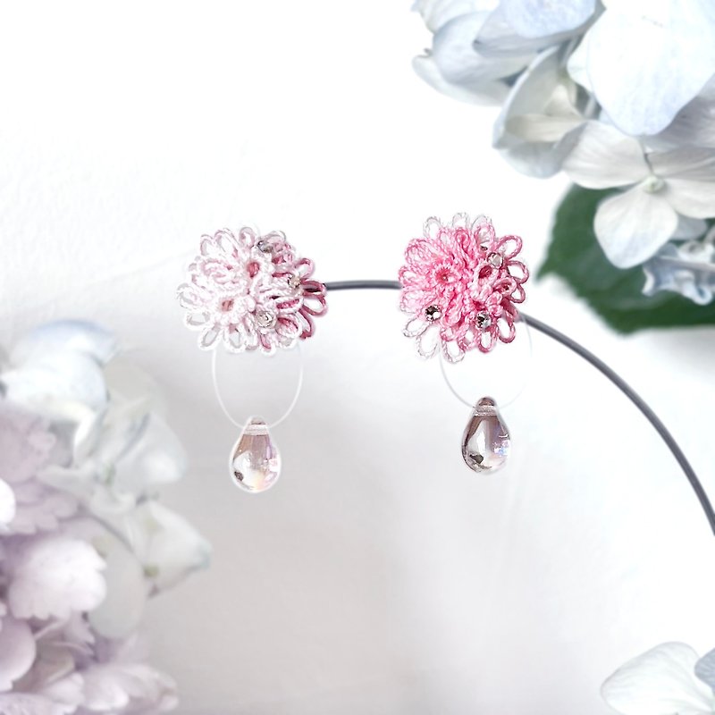 花水木と雨のしずくの耳飾り - 耳环/耳夹 - 绣线 粉红色