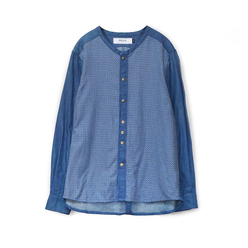 oqLiq - Root - 008 cross刺绣衬衫 (水蓝) - 男装衬衫 - 棉．麻 蓝色