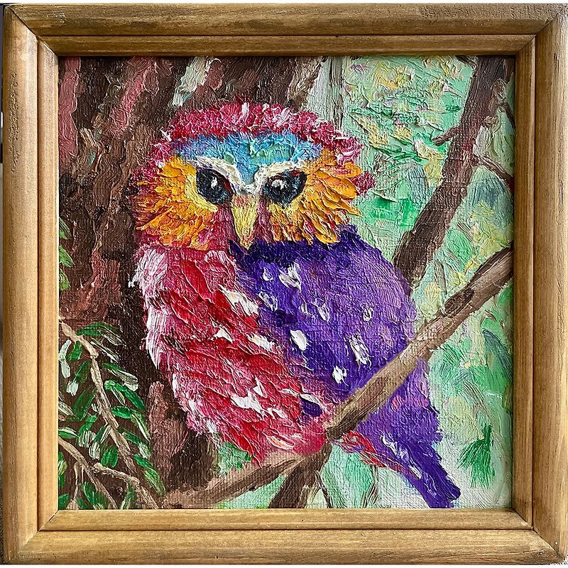 Painting with an Owl Bird, Miniature Oil Painting on Canvas