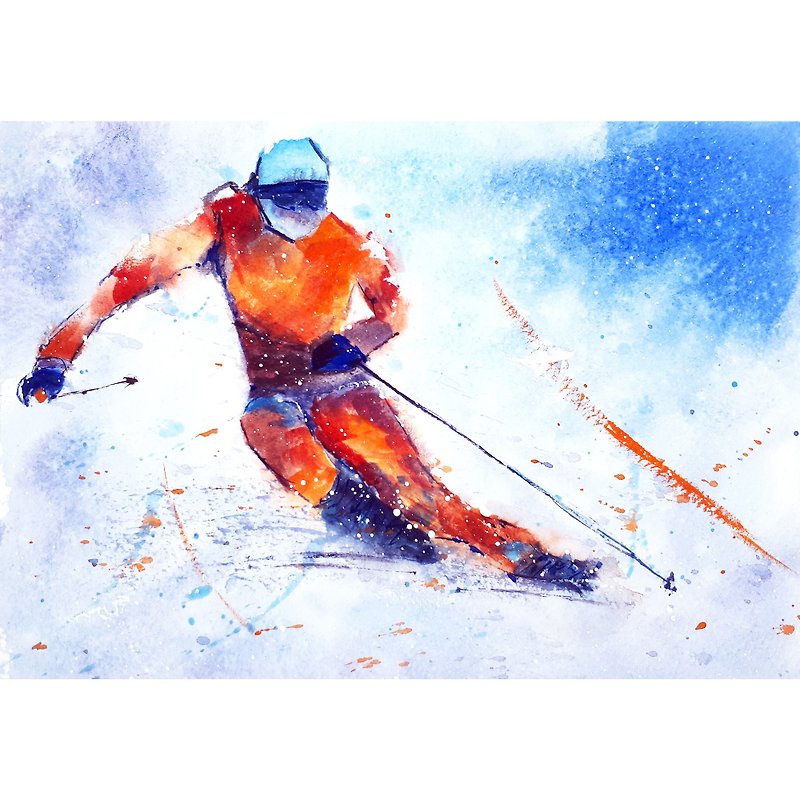 Skiing Painting Sports Original Art Winter Landscape Snow Small Watercolor - 墙贴/壁贴 - 纸 多色