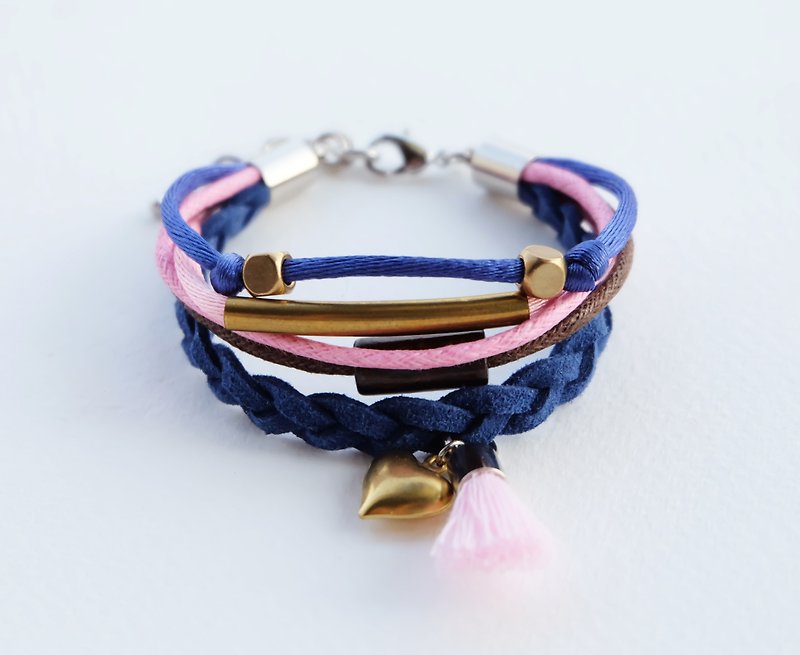 MultiLayer bracelet in navy blue/pink/dark brown with brass heart pink tassel - 手链/手环 - 其他材质 粉红色