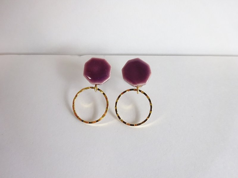 八角とgold ringの   陶ピアス    イヤリング   紫 - 耳环/耳夹 - 陶 紫色