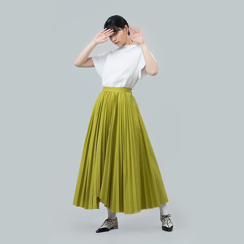 tan tan / 绿色条纹压褶裙 - 裙子 - 棉．麻 绿色