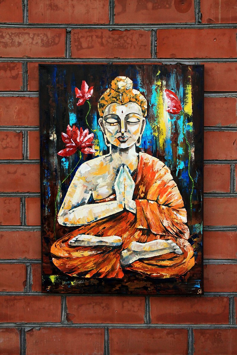 Buddha Painting Meditation Original Art Yoga Wall Art Indian Artwork Zen Decor - 海报/装饰画/版画 - 其他材质 橘色