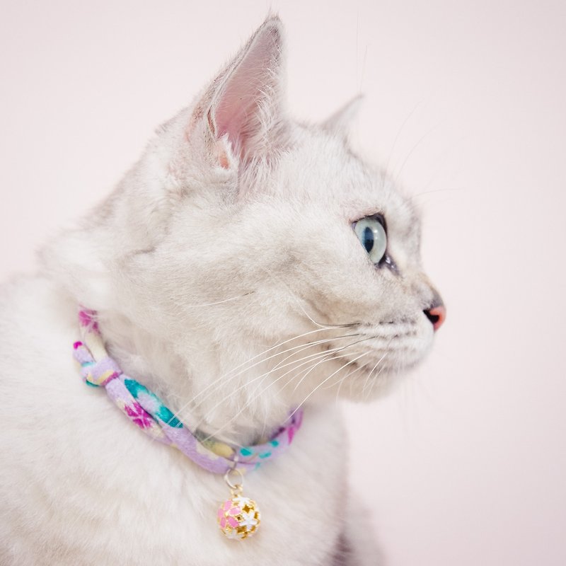日本犬猫和布项圈(可调式)--彩花淡紫+樱圆铃 - 项圈/牵绳 - 丝．绢 紫色