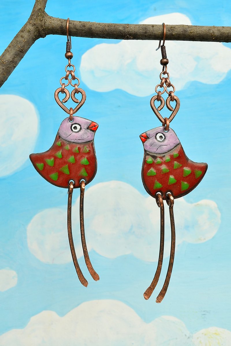 Jewelry, Earrings, Enamel, Enamel Earrings, Enamel Jewelry, Bird Earrings with Polka Dots, Bird Earrings, Enameled Earrings, Bird Jewelry, Polka Dots, - 耳环/耳夹 - 珐琅 