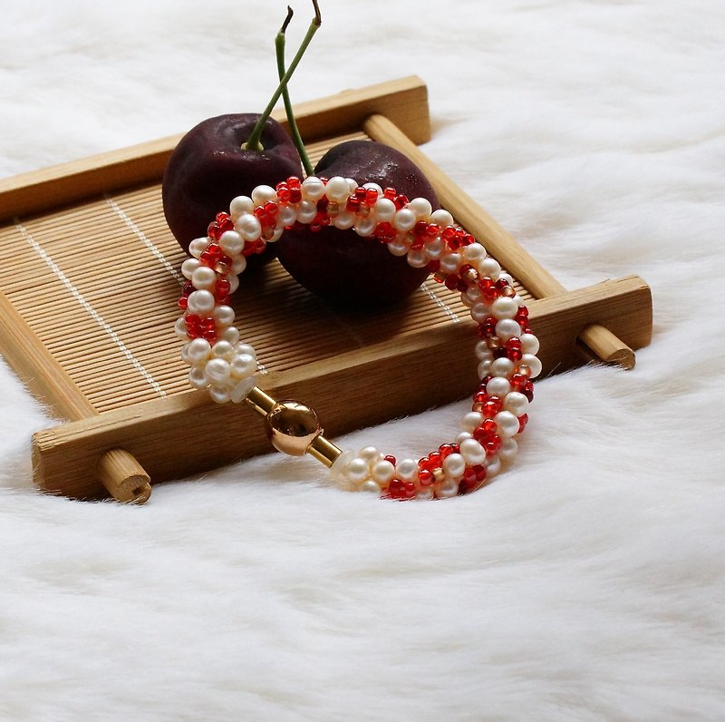Kumihimo手织日本玻璃珠 + 珍珠手錬 ( Handmade Kumihimo Pearl Bracelet ) - 手链/手环 - 宝石 红色