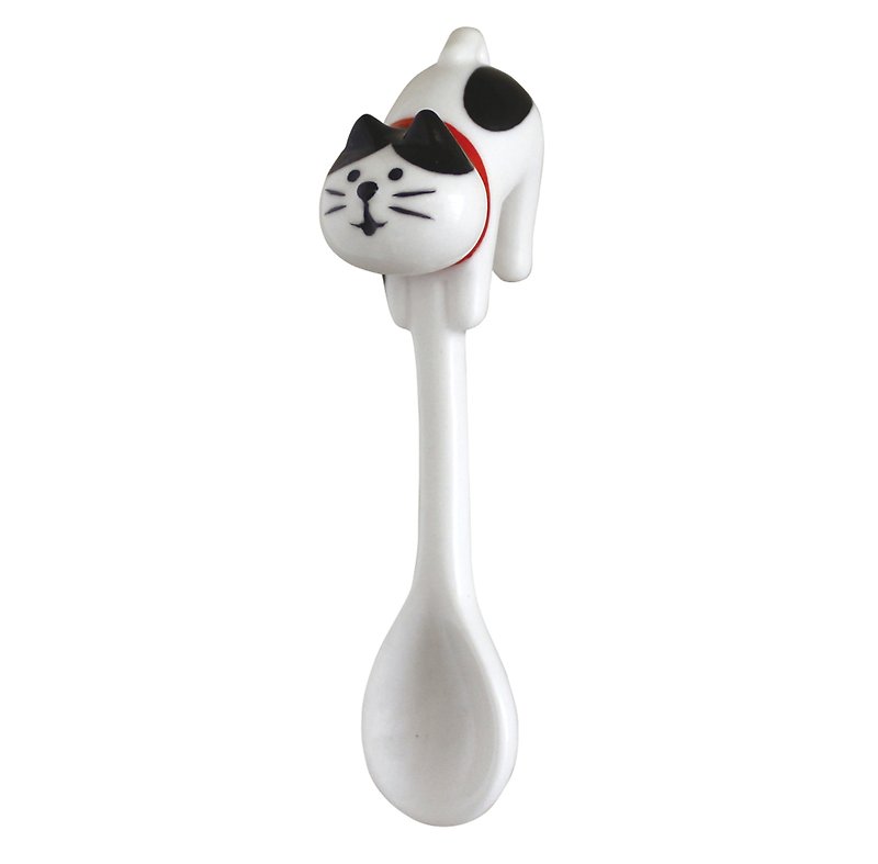 【日本Decole】concombre 杯缘陶器汤匙★八分黑白猫图案 - 餐刀/叉/匙组合 - 陶 黑色