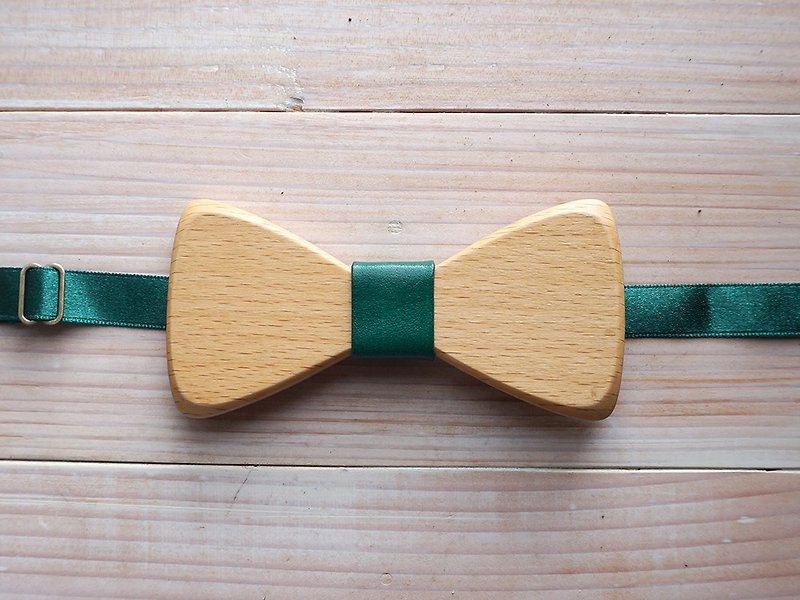 天然原木领结-山毛榉木+绿色皮革(礼物/婚礼/新人/正式场合) - 领带/领带夹 - 木头 绿色