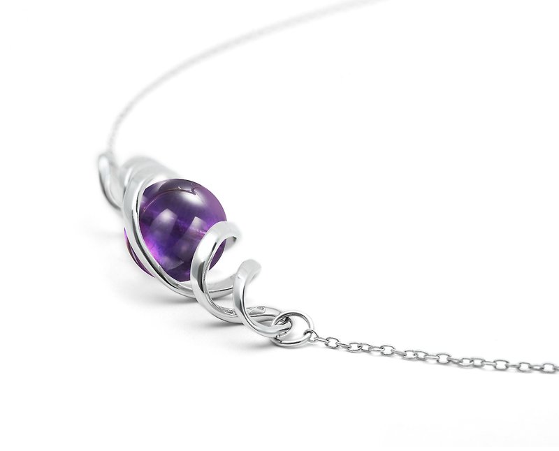 DNA紫水晶项链 2月诞生石时尚宣言吊坠 简约925纯银抽象螺旋坠子 - 项链 - 纯银 紫色