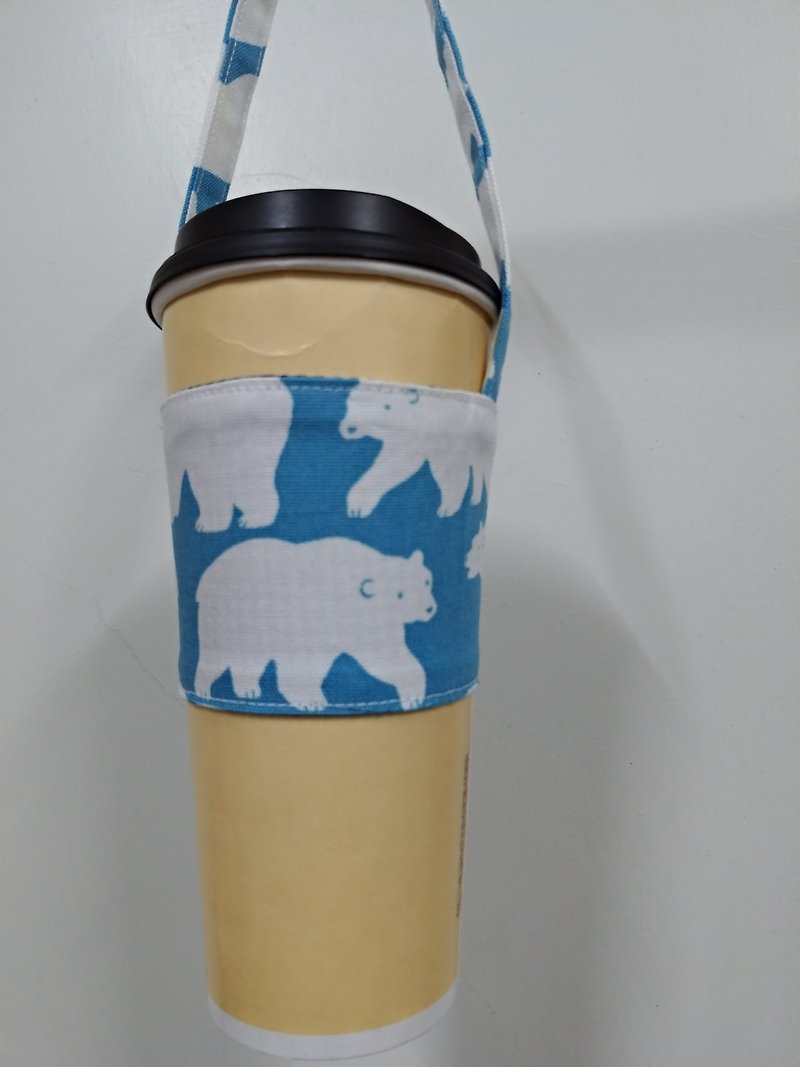 饮料杯套 环保杯套 手摇饮料袋 咖啡袋  - 北极熊 (水蓝色底) - 随行杯提袋/水壶袋 - 棉．麻 