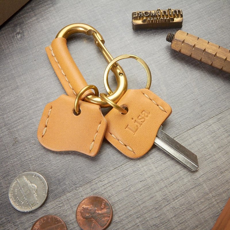 带2个钥匙盖的皮革包裹黄铜登山扣 - 钥匙链/钥匙包 - 真皮 橘色