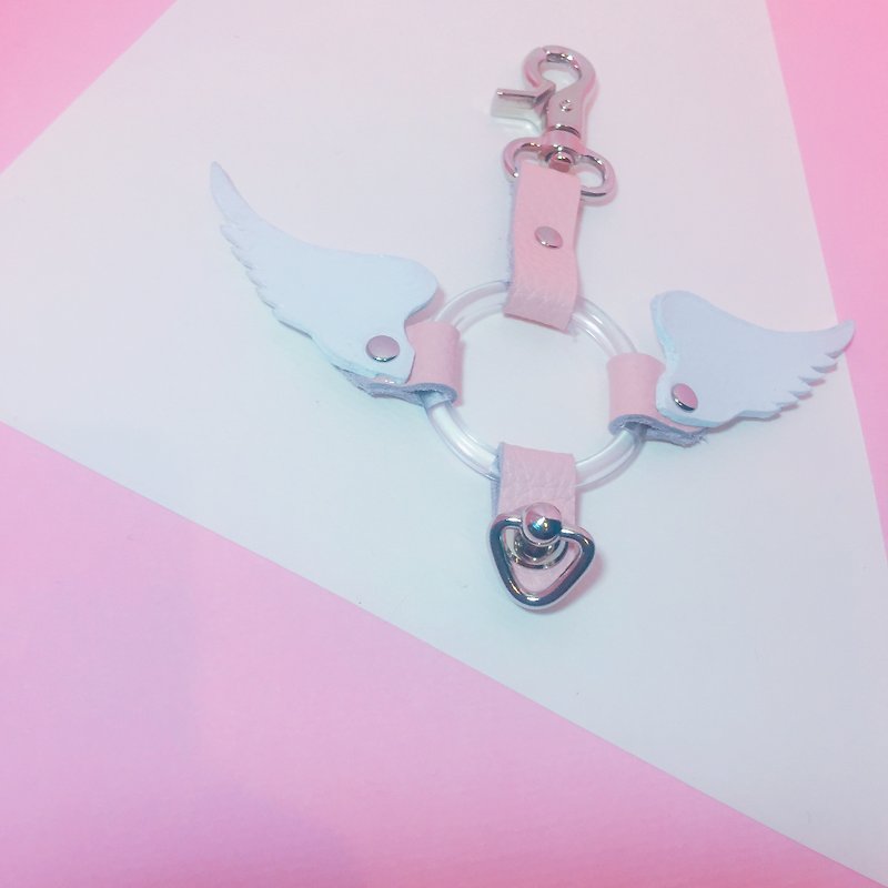 粉红天使翅膀皮革圈圈吊饰 - 钥匙链/钥匙包 - 真皮 粉红色