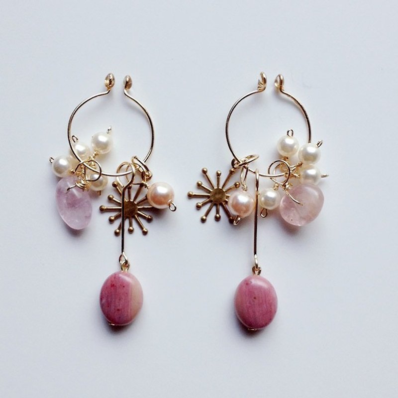 14kgf Siliceous SchistAAA and morganyite dressing 3/4 hoop earrings OR ear clip＊14kgfシリシャスシストAAAとモルガナイトの着せ替え３/４フープピアスORイヤークリップ - 耳环/耳夹 - 宝石 粉红色