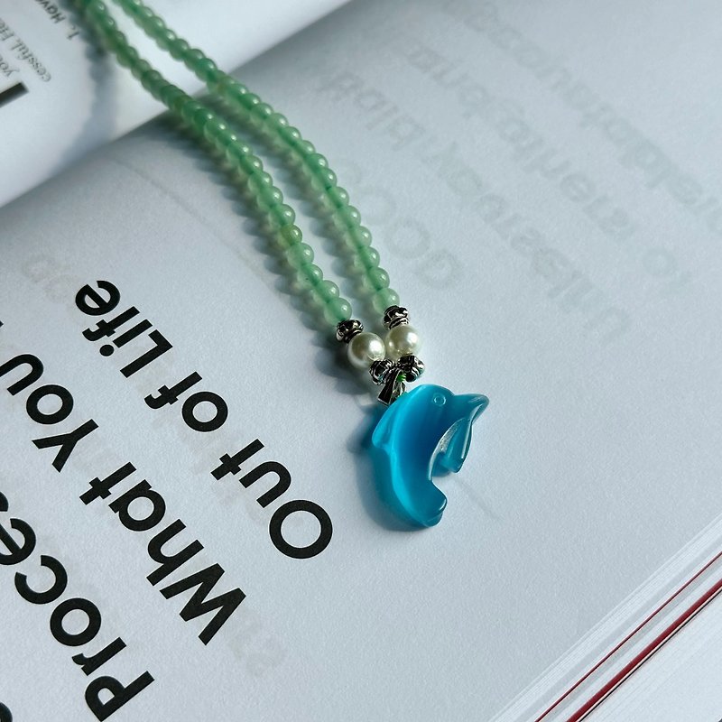 【汐松】绿东崚 蔚蓝猫眼  淡水珍珠 海豚 天然水晶颈链项链 - 项链 - 半宝石 绿色