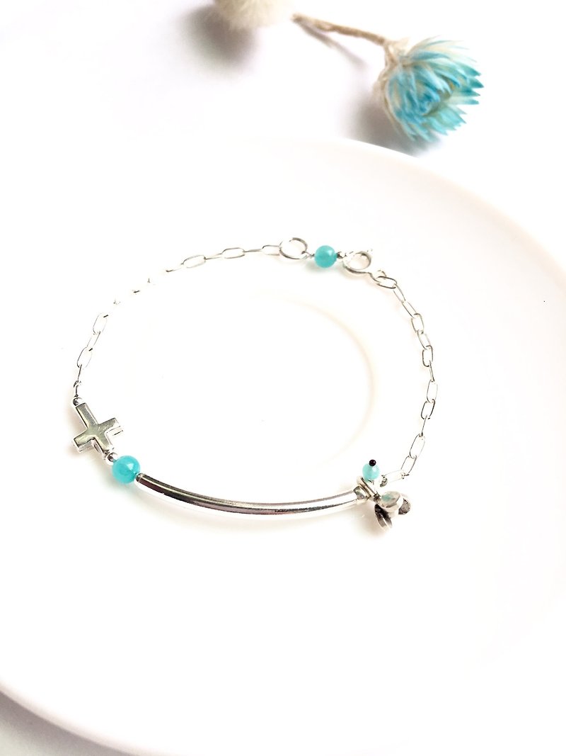 Ops Amazonite Silver bracelet-天河石/十字架/礼物/力量/银管/ - 手链/手环 - 其他金属 蓝色