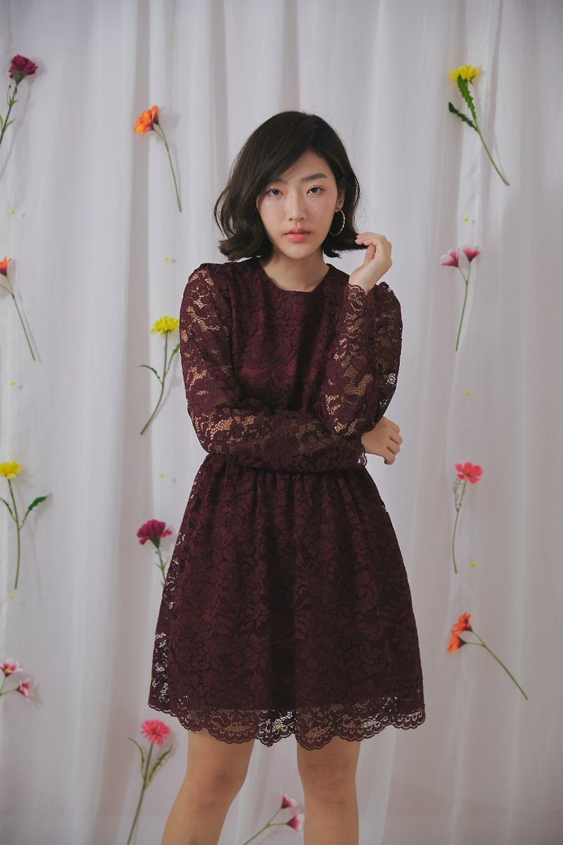 Clara lace dress (burgundy) - 洋装/连衣裙 - 棉．麻 红色