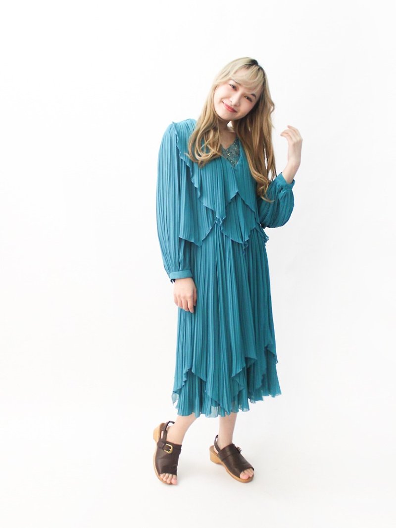 【RE0809D1322】夏日本制80s复古浮夸多层次蓝绿色长袖古着洋装 - 洋装/连衣裙 - 聚酯纤维 蓝色