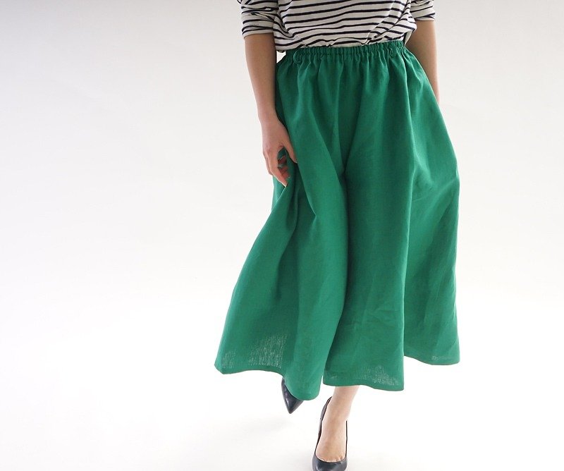 ベルギーリネン ワイドスカーチョ・パンツ /フィヨルドグリーン bo5-45 - 女装长裤 - 棉．麻 绿色