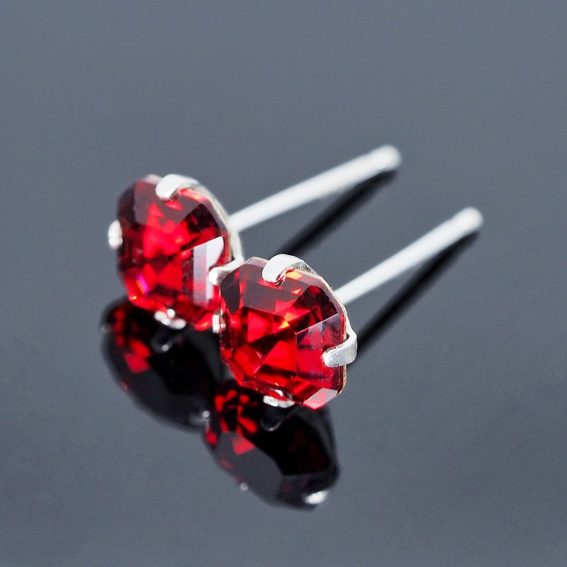 Scarlet Red Swarovski Crystal Earrings, Sterling Silver, 6mm Square, 男女耳釘 - 耳环/耳夹 - 纯银 红色