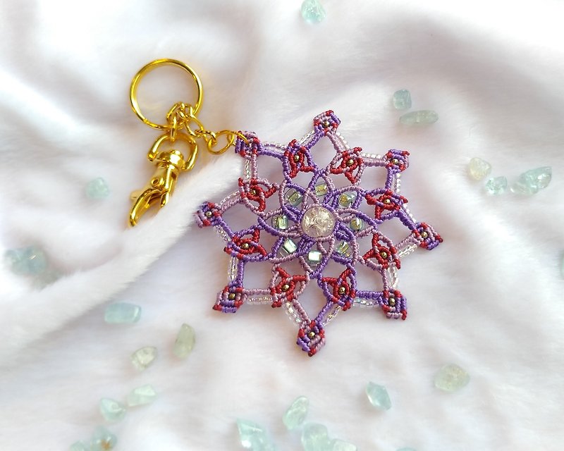 C008-手工编织串珠钥匙圈 手绘风曼陀罗紫花圈 - 钥匙链/钥匙包 - 尼龙 紫色