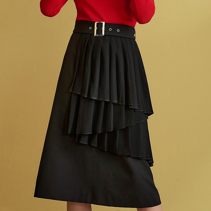 OUWEY欧薇 个性风多层次百折腰带长裙(黑色)3233162230 - 裙子 - 聚酯纤维 