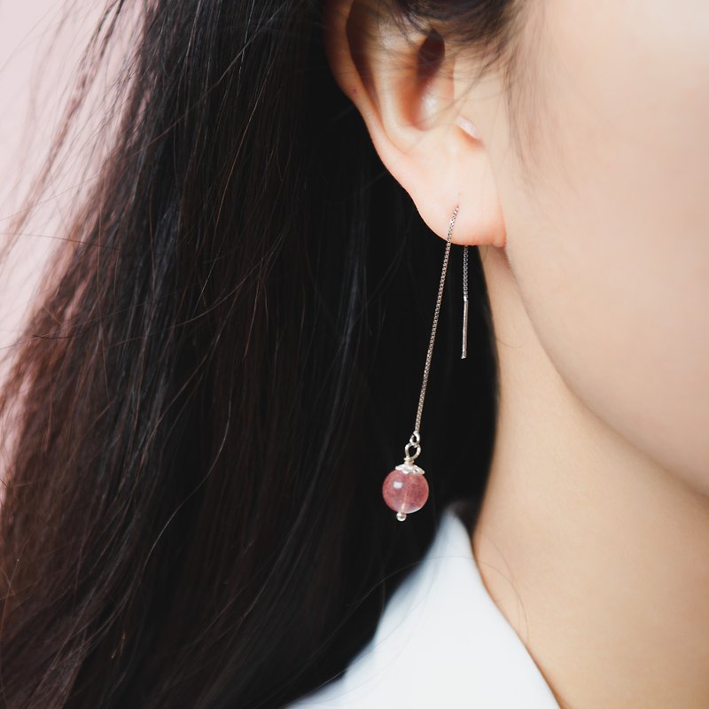 草莓晶 925纯银简约耳环 | 天然水晶定制化礼物 | 可改耳夹 - 耳环/耳夹 - 水晶 粉红色