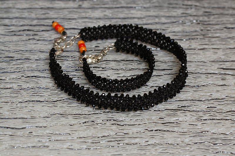 手鈎金属线短颈錬+手链套装  ( Hand crocheted set of crystal beads choker + beads bracelet ) - 手链/手环 - 绣线 