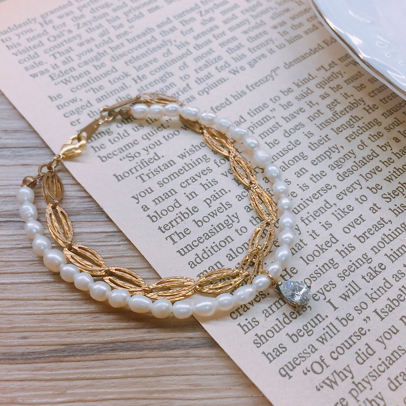 典雅天然珍珠锆石黄铜双链手链 - 手链/手环 - 宝石 白色
