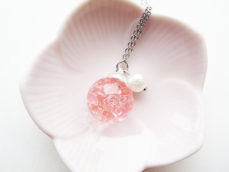 Rosy Garden 粉彩淡粉红色水晶流动玻璃球配小棉珠气质项链 中球款 - 颈链 - 玻璃 粉红色