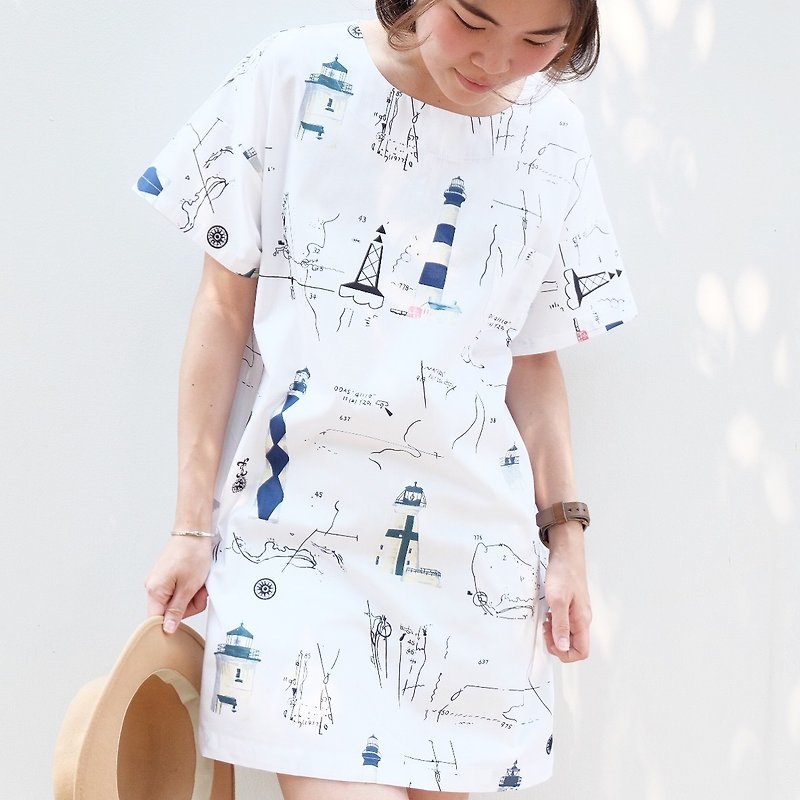 Lighthouse Printed Dress - 洋装/连衣裙 - 其他材质 白色