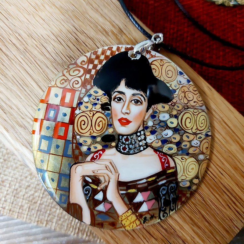 古斯塔夫·克林姆特 (Gustav Klimt) 设计的阿黛尔 (Adele) 珍珠吊坠项链，受艺术风格启发的珠宝 - 项链 - 贝壳 金色