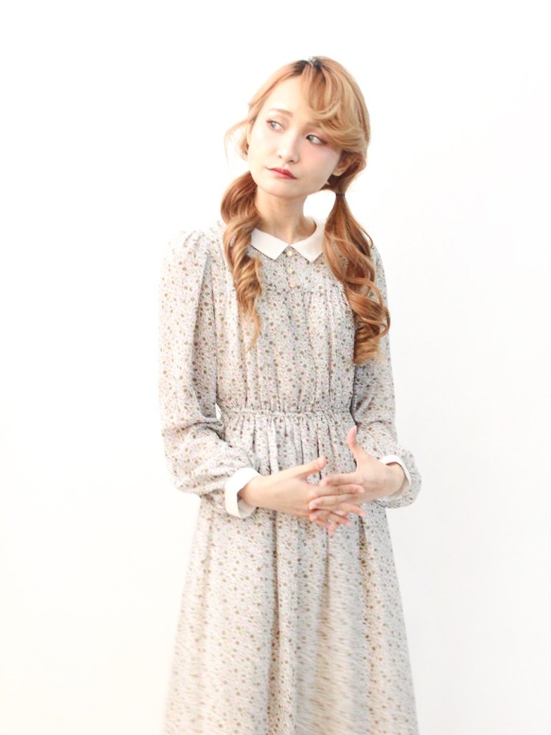 日本制复古甜美可爱灰色碎花拼接领薄长袖古着洋装 Vintgae Dress - 洋装/连衣裙 - 聚酯纤维 灰色