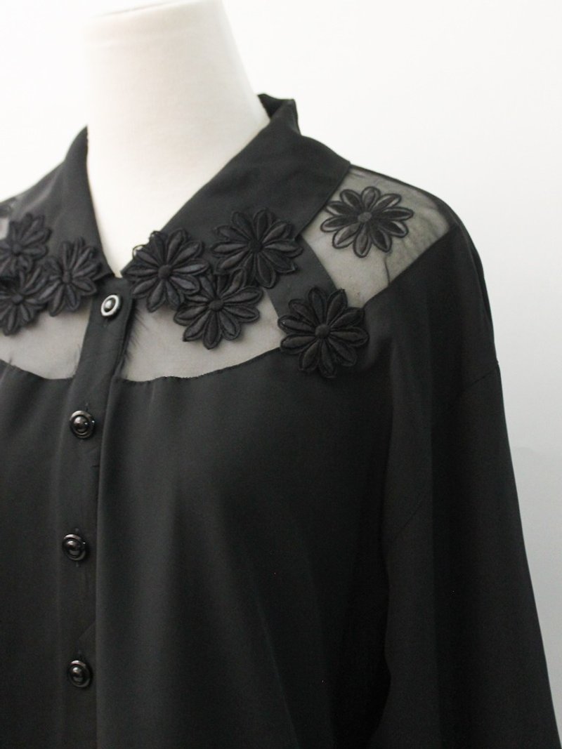 复古日本制花朵镂空宽松长袖古黑色着衬衫 Vintage Blouse - 女装衬衫 - 聚酯纤维 黑色