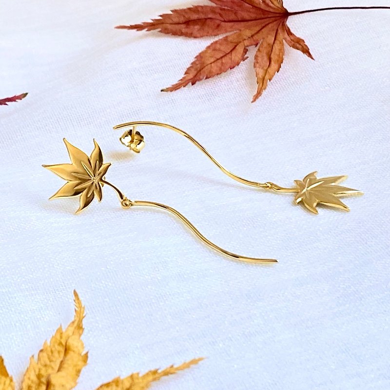 秋冬枫叶气质不对称18K金耳环/耳夹 - 耳环/耳夹 - 贵金属 金色