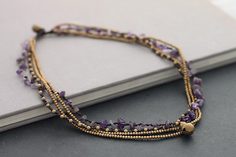 紫水晶黄铜分层编织石短项链嬉皮波西米亚风格珠宝 - 项链 - 宝石 紫色