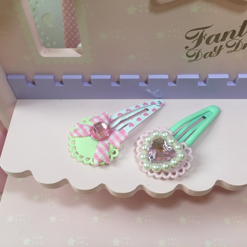 粉红公主系发夹 (2件1组) ~蝴蝶结/爱心宝石 (绿色) - 发饰 - 其他材质 绿色