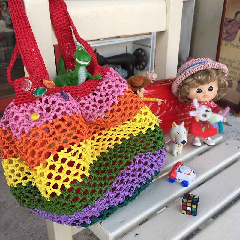 手工编织彩虹纸线袋 - 手提包/手提袋 - 纸 多色