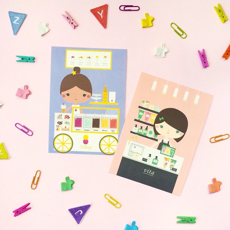 [女孩与她的店] rebecca 的冰淇淋店 + yvonne 的香氛店 - 明信片组 - 卡片/明信片 - 纸 多色