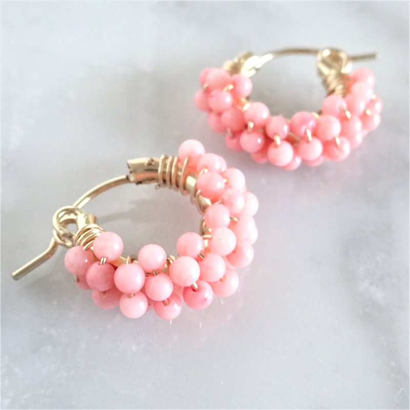 14kgf*Pink Coral pavé pierced earring / earring - 耳环/耳夹 - 宝石 粉红色