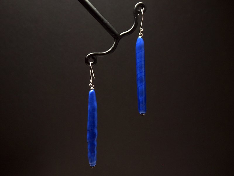 穆拉诺手工琉璃珠耳环 #GE0427 长条蓝珠 - 耳环/耳夹 - 玻璃 蓝色