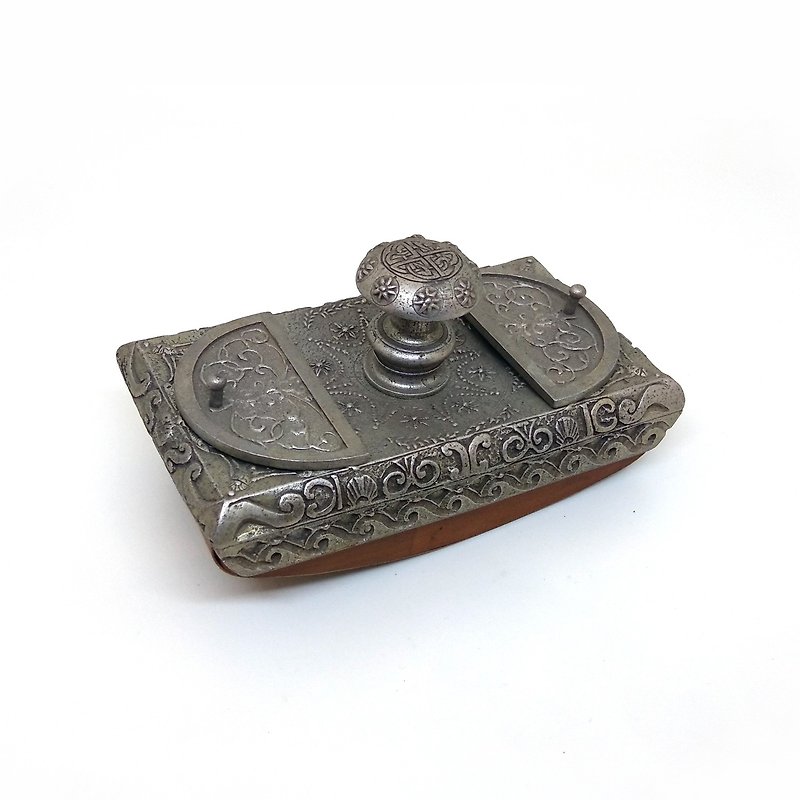 早期古件-意大利古典纹路锡制木底压墨器 | Francesco Rubinato - 蘸水笔 - 其他金属 银色