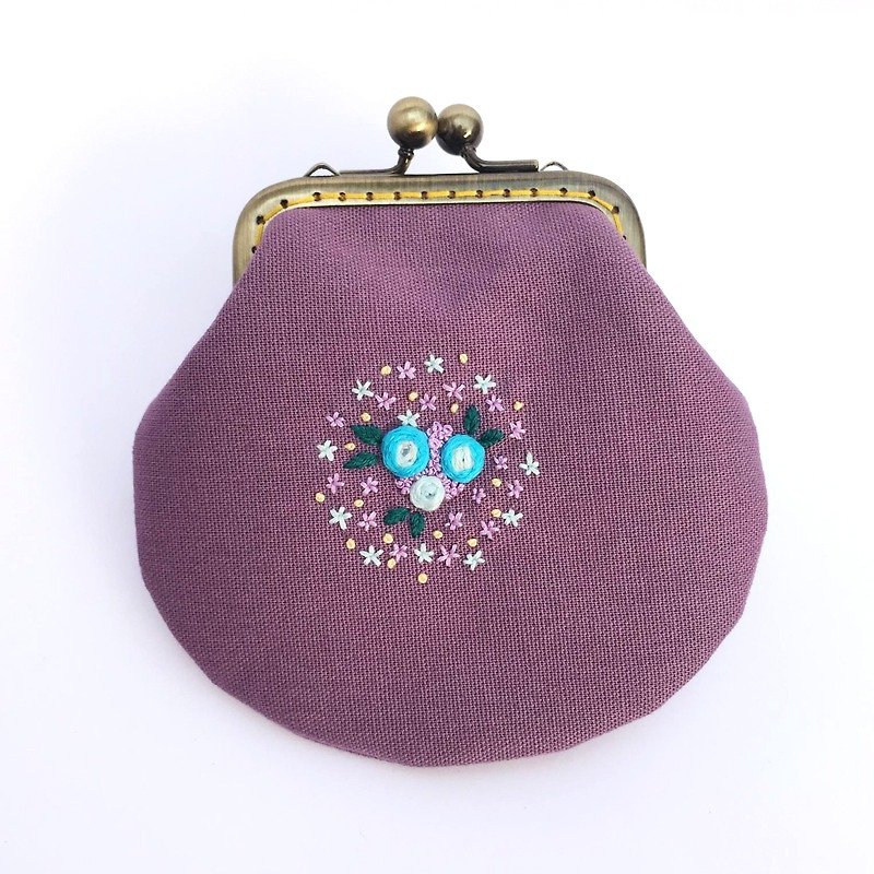 刺绣花口金小物包 - 零钱包 - 棉．麻 紫色