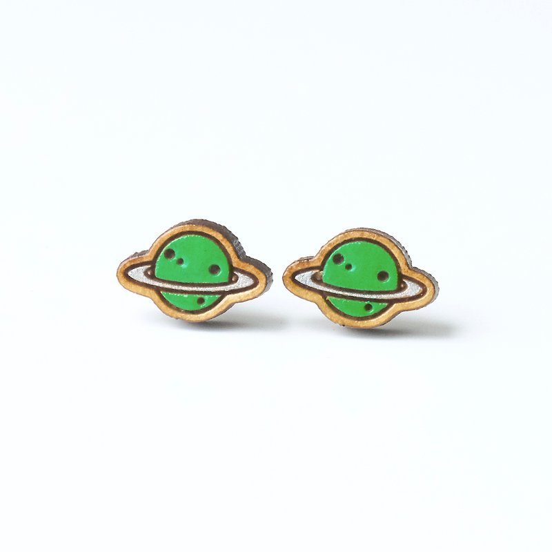 彩绘木耳环-星球（绿色） - 耳环/耳夹 - 木头 绿色